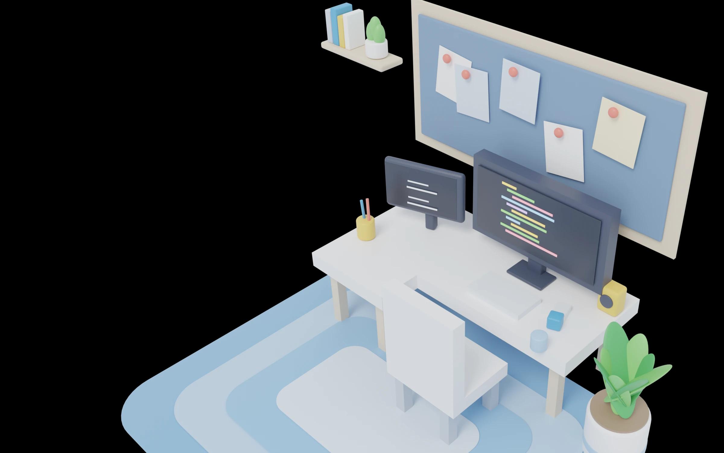 Cozy 3D render of a desk room: pinboard, bookshelf, two monitors and a big plant